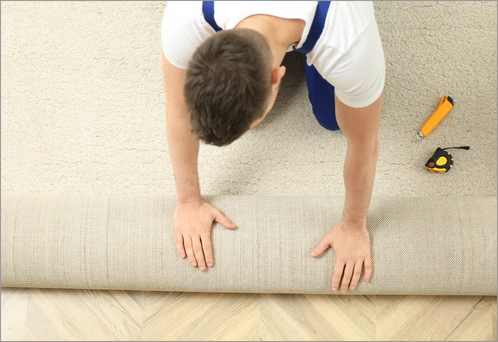 Installation-NewCarpet Man roll out carpet for installation | Floors In Motion